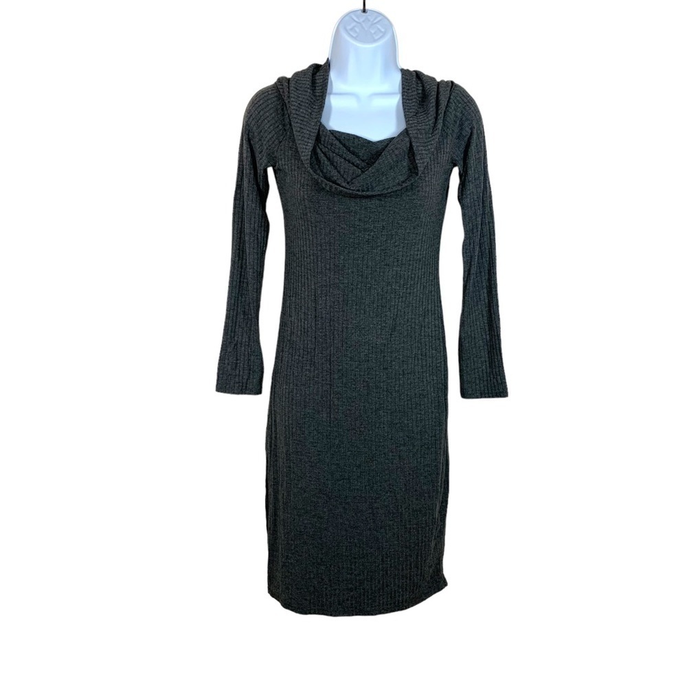 Medium Grey Knit Cowl Neckline Dress Long Sleeve Stretch Wasabi And Mint